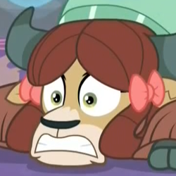 Size: 362x362 | Tagged: safe, screencap, yona, yak, g4, she's all yak, bow, cloven hooves, cropped, do not want, female, frown, gritted teeth, hair bow, monkey swings, reaction image, shrunken pupils, solo, what has been seen, wide eyes