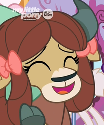 Size: 877x1061 | Tagged: safe, screencap, yona, yak, g4, she's all yak, bow, cloven hooves, cropped, cute, eyes closed, female, hair bow, happy, laughing, monkey swings, smiling, solo, yonadorable