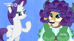 Size: 1920x1080 | Tagged: safe, screencap, rarity, yona, pony, unicorn, yak, g4, she's all yak, bipedal, clothes, discovery family logo, dress, duo, eyeshadow, female, fit right in, hoof on hip, makeup, mare, misleading thumbnail, out of context, puffy sleeves, raised eyebrow, wig