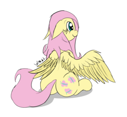 Size: 2653x2438 | Tagged: safe, artist:wapamario63, fluttershy, pegasus, pony, g4, butt, cute, female, floppy ears, flutterbutt, high res, plot, shyabetes, simple background, sitting, smiling, solo, transparent background, wings