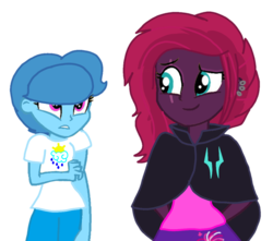 Size: 1134x1003 | Tagged: safe, artist:徐詩珮, gameloft, fizzlepop berrytwist, spring rain, tempest shadow, equestria girls, g4, my little pony: the movie, alternate hairstyle, base used, cloak, clothes, ear piercing, earring, equestria girls-ified, female, gameloft interpretation, gameloft shenanigans, jewelry, lesbian, piercing, ship:springshadow, shipping, simple background, spring rain is not amused, transparent background, unamused