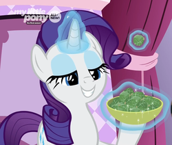 Size: 1263x1073 | Tagged: safe, screencap, rarity, pony, g4, she's all yak, brussel sprouts, carousel boutique, cropped, female, food, glowing horn, horn, mare, rarity looking at food, solo
