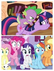 Size: 3106x4096 | Tagged: safe, screencap, applejack, fluttershy, pinkie pie, rainbow dash, rarity, spike, twilight sparkle, g4, she's all yak, book, golden oaks library, mane seven, mane six, out of context, varying degrees of want