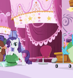 Size: 461x493 | Tagged: safe, screencap, rarity, yona, pony, unicorn, yak, g4, season 9, she's all yak, animated, clothes, cropped, dancing, dress, duo, eyes closed, female, fit right in, gif, mare, monkey swings, open mouth, puffy sleeves, raised hoof, smiling, spinning