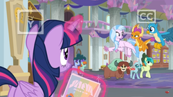 Size: 1364x768 | Tagged: safe, screencap, gallus, november rain, ocellus, sandbar, silverstream, smolder, twilight sparkle, yona, alicorn, changedling, changeling, classical hippogriff, dragon, earth pony, griffon, hippogriff, pony, yak, g4, she's all yak, balancing, bow, butt, carpet, cloven hooves, colored hooves, cute, discovery family logo, dragoness, female, floppy ears, flying, friendship student, glowing horn, hair bow, hallway, horn, jewelry, levitation, magic, male, mare, monkey swings, necklace, plot, poster, school of friendship, student six, teenager, telekinesis, tv rating, tv-y, twilight sparkle (alicorn), watermark