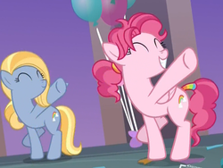 Size: 1134x851 | Tagged: safe, screencap, bifröst, goldy wings, pegasus, pony, g4, she's all yak, background pony, balloon, cropped, dancing, duo, eyes closed, female, friendship student, line dancing, mare, pony prance, raised leg, smiling, tail wrap