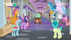 Size: 1366x768 | Tagged: safe, screencap, gallus, november rain, ocellus, sandbar, silverstream, smolder, twilight sparkle, yona, alicorn, changedling, changeling, classical hippogriff, dragon, earth pony, griffon, hippogriff, pony, yak, g4, she's all yak, balancing, bow, butt, carpet, cloven hooves, colored hooves, cute, discovery family logo, dragoness, female, floppy ears, flying, friendship student, glowing horn, hair bow, hallway, horn, jewelry, levitation, magic, male, mare, monkey swings, necklace, plot, poster, school of friendship, student six, teenager, telekinesis, twilight sparkle (alicorn)