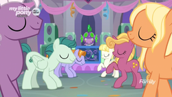 Size: 1920x1080 | Tagged: safe, screencap, amber grain, auburn vision, fire flicker, loganberry, ocarina green, spike, summer breeze, dragon, earth pony, pegasus, pony, unicorn, g4, she's all yak, dancing, dj scales and tail, female, friendship student, line dancing, male, mare, pony cotillion, stallion, winged spike, wings