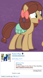 Size: 427x775 | Tagged: safe, edit, edited screencap, screencap, yona, oc, oc:power play, earth pony, pony, g4, she's all yak, bow, comments, cropped, cute, female, hair bow, mare, open mouth, ponified, pony yona, purple background, simple background, smiling, species swap, yonadorable