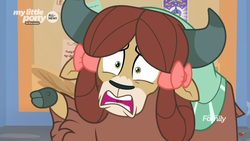 Size: 1366x768 | Tagged: safe, screencap, yona, yak, g4, she's all yak, bow, bulletin board, cloven hooves, discovery family logo, female, hair bow, monkey swings, nervous, poster, reaction image, shocked, worried