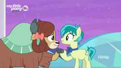 Size: 1920x1080 | Tagged: safe, screencap, sandbar, yona, earth pony, pony, yak, g4, she's all yak, bow, bowtie, cloven hooves, discovery family logo, duo, duo male and female, eye contact, female, hair bow, holding hooves, larger female, looking at each other, male, monkey swings, night, night sky, size difference, sky, smaller male, smiling, stallion, teenager, treehouse of harmony
