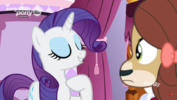 Size: 1366x768 | Tagged: safe, screencap, rarity, yona, g4, she's all yak, discovery family logo, hoof on chest