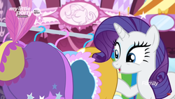 Size: 1366x768 | Tagged: safe, screencap, rarity, pony, g4, she's all yak, clothes, coat hangers, discovery family logo, dress