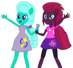 Size: 1142x1064 | Tagged: safe, artist:徐詩珮, fizzlepop berrytwist, glitter drops, tempest shadow, equestria girls, g4, my little pony equestria girls: rainbow rocks, my little pony: the movie, base used, discussion in the comments, duo, duo female, equestria girls-ified, female, lesbian, mare, ponied up, ship:glittershadow, shipping, simple background, singing, transparent background