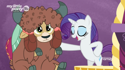 Size: 1366x768 | Tagged: safe, screencap, rarity, yona, pony, unicorn, yak, g4, she's all yak, bipedal, bow, cloven hooves, curly hair, discovery family logo, duo, female, fit right in, hair bow, hairstyle, mare, monkey swings