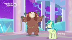 Size: 2560x1440 | Tagged: safe, screencap, sandbar, yona, earth pony, pony, yak, g4, she's all yak, bipedal, bow, bowtie, cloven hooves, duo, female, hair bow, male, monkey swings, rope, standing, surprised, teenager, treehouse of harmony