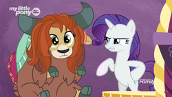 Size: 1366x768 | Tagged: safe, screencap, rarity, yona, pony, unicorn, yak, g4, she's all yak, bipedal, bow, brown hair, cloven hooves, discovery family logo, duo, female, fit right in, hair bow, hairstyle, mare, monkey swings