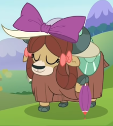 Size: 684x768 | Tagged: safe, screencap, yona, yak, g4, she's all yak, bow, cloven hooves, cropped, cute, female, hair bow, hat, monkey swings, solo, sophisticated as hell, umbrella, yonadorable