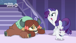 Size: 1366x768 | Tagged: safe, screencap, opalescence, rarity, yona, cat, pony, unicorn, yak, g4, she's all yak, bow, cloven hooves, discovery family logo, duo, female, hair bow, mare, monkey swings, stairs