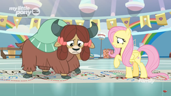 Size: 1366x768 | Tagged: safe, screencap, fluttershy, yona, pegasus, pony, yak, g4, she's all yak, bow, chart, cloven hooves, dotted line, duo, female, gym, hair bow, hoofprints, mare, monkey swings, paper