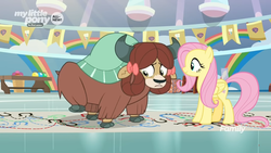 Size: 1364x768 | Tagged: safe, screencap, fluttershy, yona, pegasus, pony, yak, g4, she's all yak, bow, chart, cloven hooves, dotted line, duo, female, gym, hair bow, hoofprints, mare, monkey swings, nervous, paper, twisting