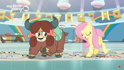Size: 1366x768 | Tagged: safe, screencap, fluttershy, yona, pegasus, pony, yak, g4, she's all yak, bow, chart, cloven hooves, crossed hooves, dancing, dotted line, duo, female, gym, hair bow, hoofprints, mare, monkey swings, paper, twisting
