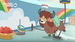 Size: 1366x768 | Tagged: safe, screencap, yona, yak, g4, she's all yak, ball, bow, bucket, cloven hooves, destruction, discovery family logo, female, gym, hair bow, monkey swings, solo, wrecked
