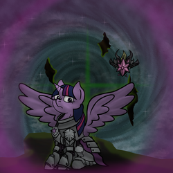 Size: 2000x2000 | Tagged: safe, artist:devorierdeos, twilight sparkle, alicorn, pony, g4, abyss, alternate hairstyle, alternate universe, amulet, armor, element of magic, high res, jewelry, solo, space, spread wings, stars, twilight sparkle (alicorn), wings