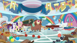 Size: 1366x768 | Tagged: safe, screencap, angel bunny, fluttershy, rainbow dash, rarity, yona, pegasus, pony, unicorn, yak, g4, she's all yak, ball, bow, broken, bucket, cloven hooves, door, excited, female, gym, hair bow, mare, monkey swings, rope, wreckage, yelling