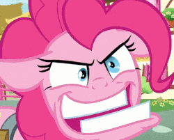 Size: 483x388 | Tagged: safe, edit, screencap, pinkie pie, earth pony, pony, g4, secrets and pies, animated, chomp, close-up, crazy face, cropped, faic, female, floppy ears, gif, gritted teeth, mare, solo, underbite