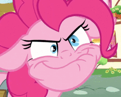 Size: 483x388 | Tagged: safe, edit, screencap, pinkie pie, earth pony, pony, g4, secrets and pies, close-up, crazy face, cropped, faic, female, floppy ears, gif, gritted teeth, mare, non-animated gif, popeye, solo, underbite