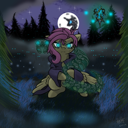 Size: 2000x2000 | Tagged: safe, artist:devorierdeos, fluttershy, pegasus, pony, snake, g4, alternate universe, bone, clothes, everfree forest, full moon, glowing eyes, high res, hoodie, levitation, looking at you, magic, mare in the moon, moon, night, skeleton, stars, telekinesis, tree