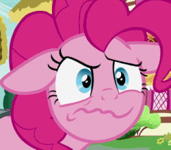 Size: 411x362 | Tagged: safe, screencap, pinkie pie, earth pony, pony, g4, season 7, secrets and pies, angry, animated, betrayed, close-up, cropped, ears back, faic, female, gif, mare, pinkie pie is best facemaker, ponyville, rage, shrunken pupils, solo, wavy mouth