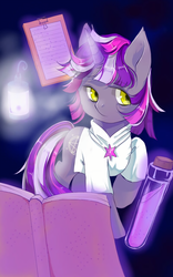 Size: 1600x2560 | Tagged: safe, artist:apple rogar, derpibooru exclusive, oc, oc only, oc:alternate dawn, pony, unicorn, alchemy, book, clipboard, clothes, commission, element of magic, horn, jewelry, lab coat, lantern, legends of the three kingdoms, looking at you, magic, male, necklace, offspring, parent:twilight sparkle, parent:unnamed oc, parents:canon x oc, potion, simple background, solo, stallion, telekinesis, unicorn oc, wallpaper, yellow eyes