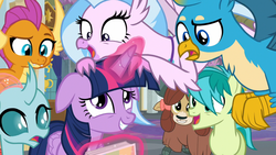 Size: 1280x720 | Tagged: safe, screencap, gallus, ocellus, sandbar, silverstream, smolder, twilight sparkle, yona, alicorn, changedling, changeling, classical hippogriff, dragon, earth pony, griffon, hippogriff, pony, yak, g4, she's all yak, bow, cloven hooves, colored hooves, cute, diaocelles, diastreamies, dragoness, female, floppy ears, flying, friendship student, gallabetes, gif at source, glowing horn, hair bow, horn, jewelry, levitation, magic, male, mare, monkey swings, necklace, poster, sandabetes, school of friendship, smolderbetes, student six, teenager, telekinesis, twilight sparkle (alicorn), yonadorable