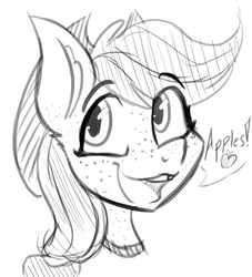 Size: 1000x1100 | Tagged: safe, artist:lil miss jay, applejack, earth pony, anthro, g4, apple, applejack's hat, bust, cowboy hat, female, freckles, hat, monochrome, sketch, smiling, solo, that pony sure does love apples, tooth gap