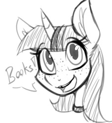 Size: 1000x1100 | Tagged: safe, artist:lil miss jay, twilight sparkle, anthro, g4, book, bust, female, freckles, monochrome, sketch, smiling, solo, that pony sure does love books, tooth gap