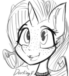 Size: 1000x1100 | Tagged: safe, artist:lil miss jay, rarity, anthro, g4, bust, darling, female, freckles, monochrome, sketch, smiling, solo, tooth gap