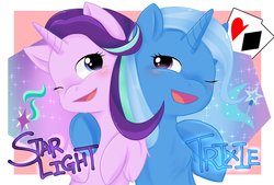 Size: 2039x1378 | Tagged: safe, artist:seiran_15950, starlight glimmer, trixie, pony, unicorn, g4, blushing, duo, looking at each other, one eye closed, smiling