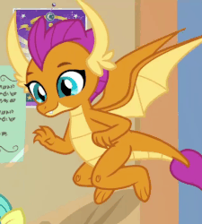 Size: 474x526 | Tagged: safe, screencap, smolder, dragon, g4, she's all yak, animated, animation error, claws, clipboard, cropped, cute, dragoness, fangs, female, flapping, flying, gif, horns, raised eyebrow, smiling, smolderbetes, solo, spread wings, thumbs up, toes, wings
