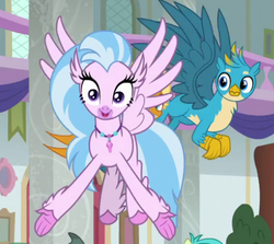 Size: 486x434 | Tagged: safe, screencap, gallus, silverstream, smolder, classical hippogriff, griffon, hippogriff, g4, she's all yak, cropped, cute, diastreamies, duo, female, flying, male