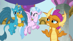 Size: 700x394 | Tagged: safe, screencap, gallus, silverstream, smolder, classical hippogriff, dragon, griffon, hippogriff, g4, she's all yak, animated, colored hooves, cute, diastreamies, dragoness, female, finger gun, flying, gallabetes, gif, giggling, jewelry, male, necklace, one eye closed, shipping fuel, smolderbetes, trio, wink