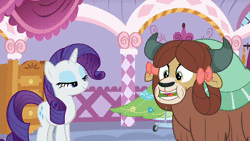 Size: 1280x720 | Tagged: safe, edit, edited screencap, screencap, rarity, yona, pony, unicorn, yak, g4, she's all yak, animated, bow, brussel sprouts, carousel boutique, cloven hooves, duo, eating, female, food, hair bow, mare, monkey swings, sound, talking, webm