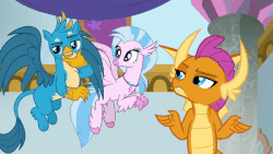 Size: 600x338 | Tagged: safe, edit, screencap, gallus, silverstream, smolder, classical hippogriff, dragon, griffon, hippogriff, g4, she's all yak, animated, cute, diastreamies, dragoness, female, finger gun, gallabetes, male, one eye closed, shipping fuel, smolderbetes, wink