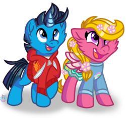 Size: 1117x1048 | Tagged: safe, artist:rainbow eevee, pegasus, pony, unicorn, clothes, corn & peg, corn (corn & peg), cute, flower, flower in hair, hoodie, open mouth, peg (corn & peg), ponified, simple background, skirt, smiling, transparent background, vector