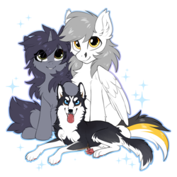 Size: 999x1000 | Tagged: safe, artist:hioshiru, oc, oc only, oc:kate, oc:kej, dog, husky, pegasus, pony, unicorn, chest fluff, ear fluff, female, group photo, k+k, leg fluff, looking up, male, mare, pet, slender, stallion, striped tail, tail, thin, trio