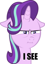 Size: 1812x2559 | Tagged: safe, artist:vvolllovv, edit, editor:greaterlimit, starlight glimmer, pony, unicorn, g4, caption, female, floppy ears, i mean i see, simple background, solo, squint, transparent background, vector