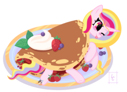 Size: 2280x1652 | Tagged: safe, artist:favnhellef, oc, oc only, oc:aurelia charm, alicorn, pony, alicorn oc, berry, berry horse, food, one eye closed, pancakes, whipped cream, wink, ych result