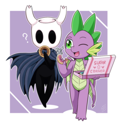 Size: 764x790 | Tagged: safe, artist:vavacung, spike, dragon, series:isekai no mlp, g4, abstract background, donut, food, hollow knight, male, one eye closed, winged spike, wings, wink
