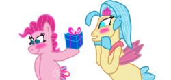 Size: 1300x607 | Tagged: safe, artist:bigpurplemuppet99, pinkie pie, princess skystar, seapony (g4), g4, blushing, female, lesbian, present, seaponified, seapony pinkie pie, ship:skypie, shipping, species swap